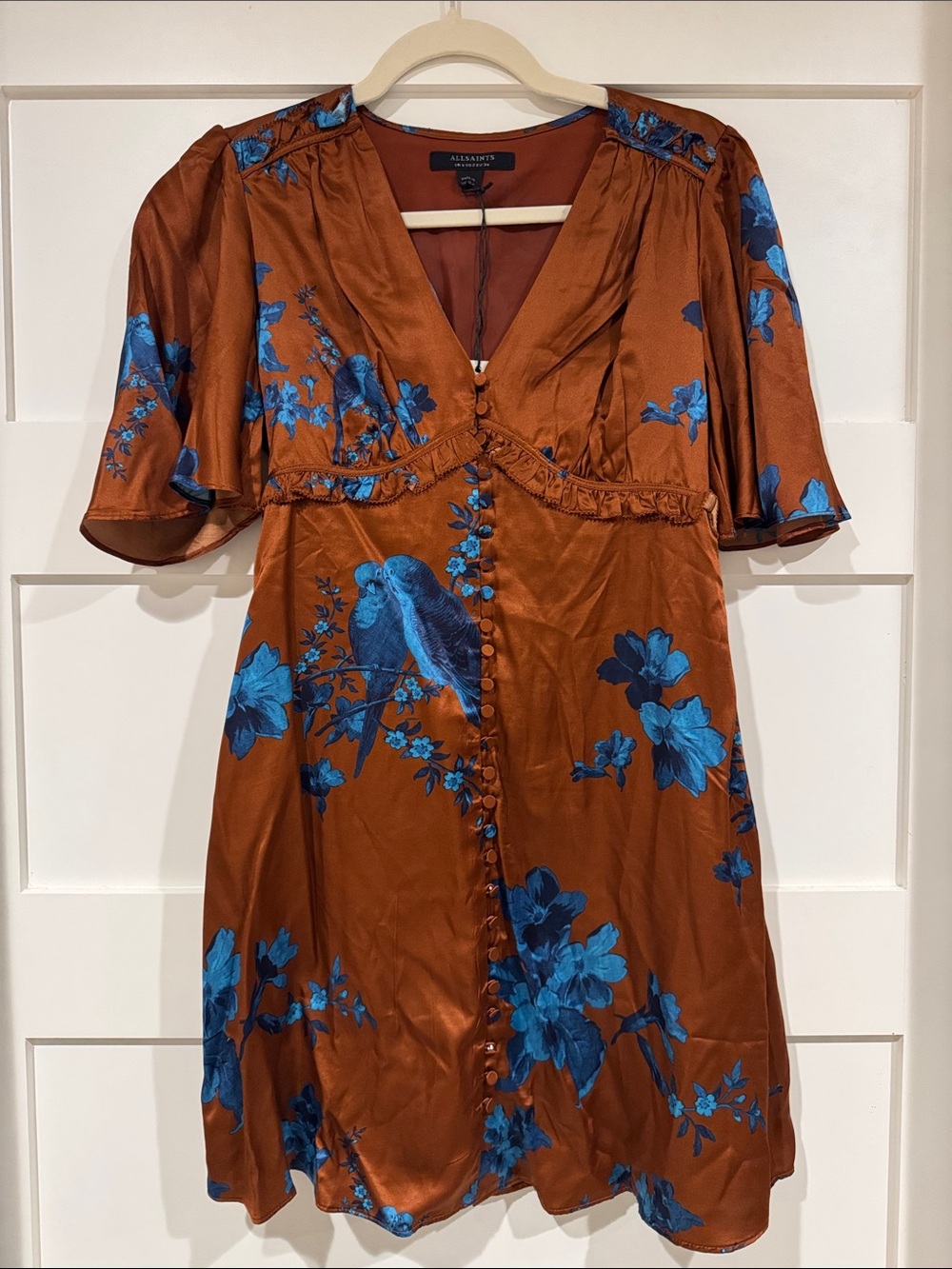 All Saints Rust Satin Mini Dress with Bright Blue Floral Print